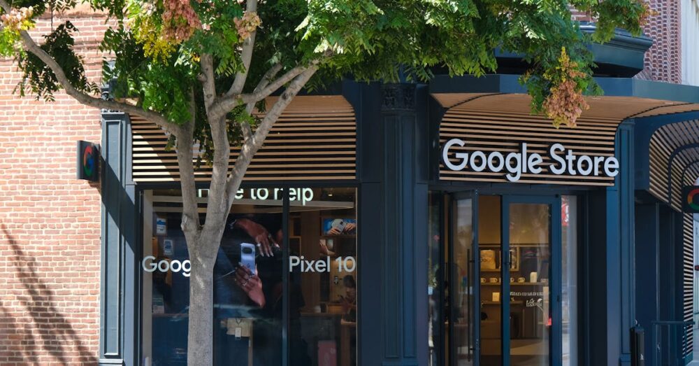 Google Stitchのデザイン画面とAI Studioのコードプレビューが並び、デザイナーとエンジニアが円滑に連携しているイメージ。生産性の向上を象徴するグラフィック。